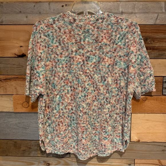 NWT LOU & GREY For LOFT Short Sleeve V-Neck Cream & Rainbow Knit Sweater Size S - Picture 9 of 11